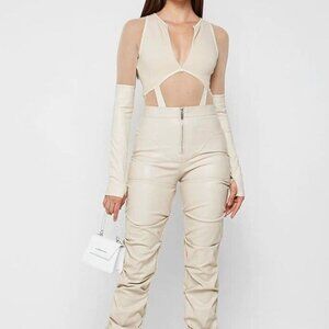 Maniere De Voir Cream Vegan Leather Pant and Top Set (Top US 4, Bottom US 6)